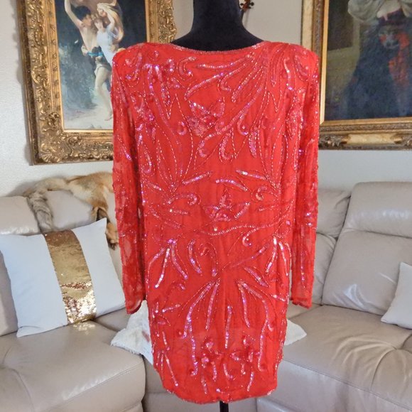 100% SILK SEQUIN BEADED BOHO COCKTAIL PARTY TOP M - Picture 4 of 14